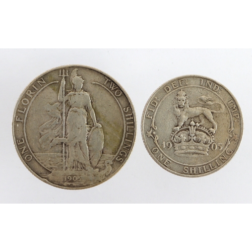 74 - Edward VII silver (2): Florin 1905 Fine, and Shilling 1905 Fine.