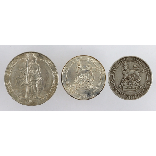 86 - GB Silver (3) EdVII: Florin 1910 GVF, Shilling 1905 (scarce) Fine, and Shilling 1906 VF-GVF.