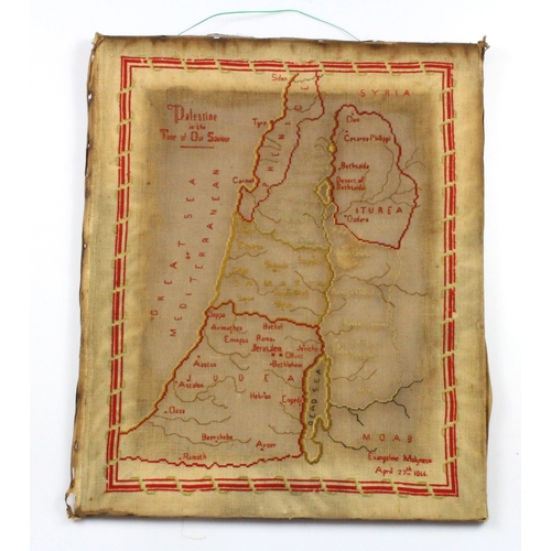 501 - Victorian embroidered map, depicting 'Palestine in the Time of Our Saviour', done by Evangeline Moly... 