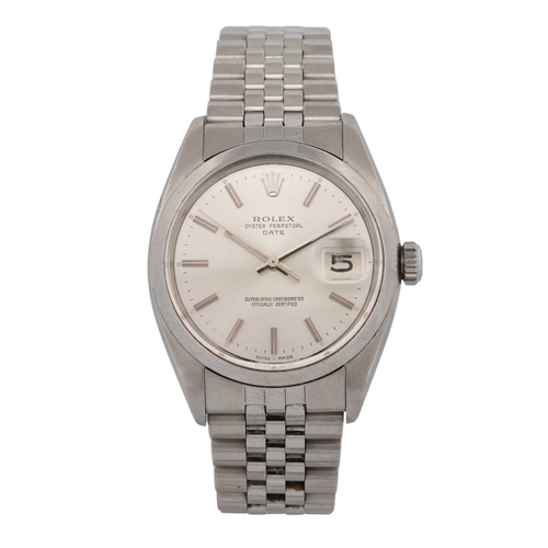 482 - Rolex Oyster Perpetual Date, stainless steel, ref. 1500, circa 1956. The silvered dial with baton ma... 