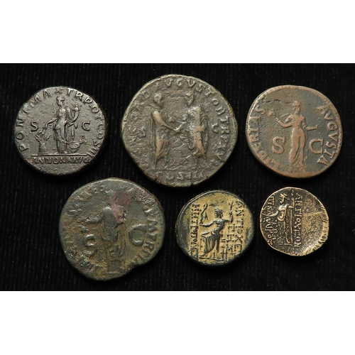799 - Roman & Greek bronze coins (6): Hadrian Dupondius (Annona) VF; Marcus Aurelius Sestertius (two figur... 
