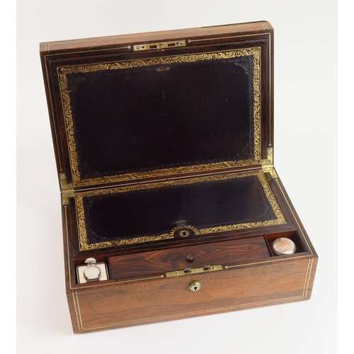 482 - Writing slope. A rosewood veneer writing slope with twin brass handles, mid 19th Century, made by 'D... 