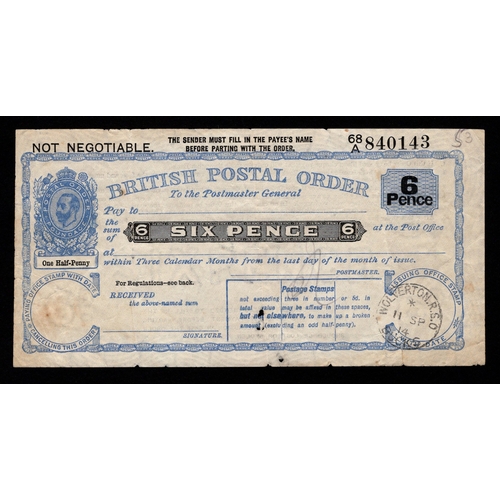 14 - British Postal Order 6 Pence King George V portrait, used as legal tender dated 11th September 1914,... 