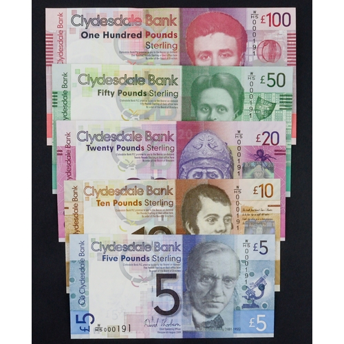 369 - Scotland, Clydesdale Bank (5) 100 Pounds, 50 Pounds, 20 Pounds, 10 Pounds and 5 Pounds all dated 200... 