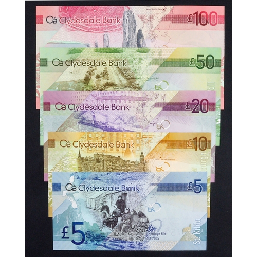 369 - Scotland, Clydesdale Bank (5) 100 Pounds, 50 Pounds, 20 Pounds, 10 Pounds and 5 Pounds all dated 200... 