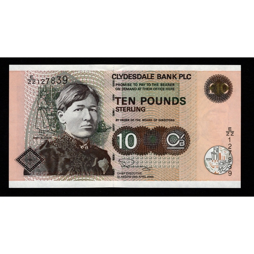 370 - Scotland, Clydesdale Bank 10 Pounds dated 25th April 2003, scarce REPLACEMENT note, signed Ross Pinn... 