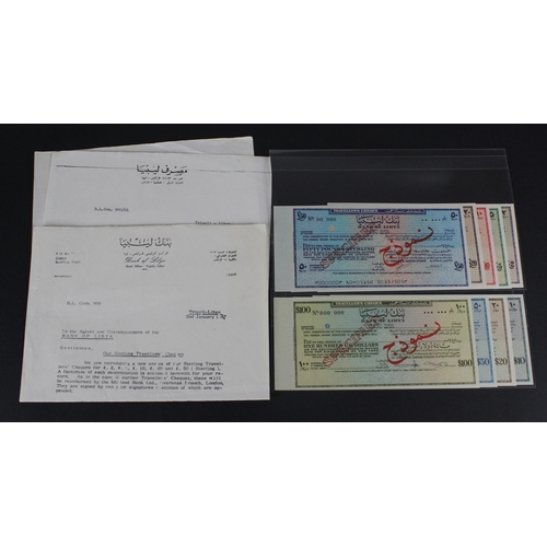 39 - Libya travellers cheques (9), SPECIMEN travellers cheques issued 1967 (5) 2, 5, 10, 20 and 50 Pounds... 