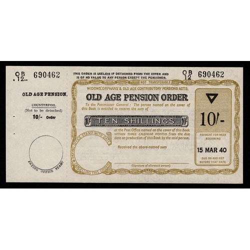40 - Old Age Pension Postal Order dated 15th March 1940 for 10 Shillings, complete with counterfoil, ligh... 