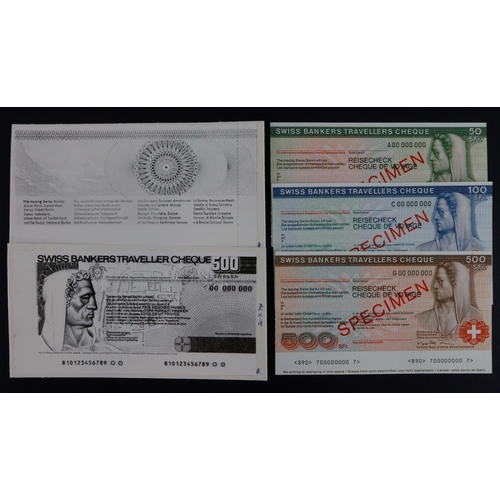 49 - Switzerland travellers cheques (5), a group of 3 x SPECIMEN travellers cheques 50, 100 and 500 Swiss... 