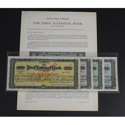 57 - USA Travellers Cheques (4), First National Bank of Chicago, a scarce set of SPECIMEN travellers cheq... 