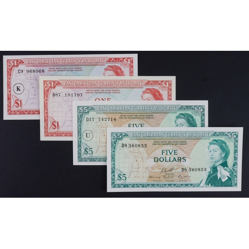 595 - East Caribbean (4), 5 Dollars and 1 Dollar issued 1965, serial D8 360853 & B87 181797 (BNB B101c10 &... 