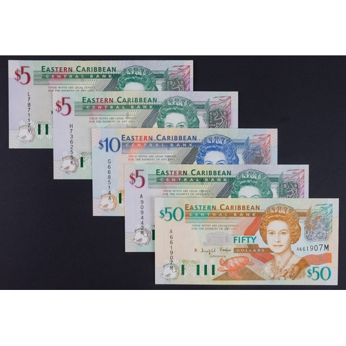 596 - East Caribbean (5), 50 Dollars and 5 Dollars Montserrat, 10 Dollars Antigua, 5 Dollars St. Kitts, 5 ... 