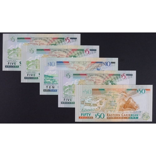 596 - East Caribbean (5), 50 Dollars and 5 Dollars Montserrat, 10 Dollars Antigua, 5 Dollars St. Kitts, 5 ... 