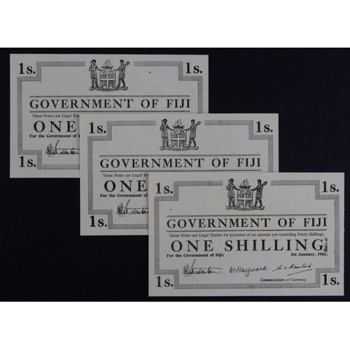 635 - Fiji 1 Shilling (3) dated 1st January 1942, unissued remainders without serial numbers (Pick48r1) sm... 