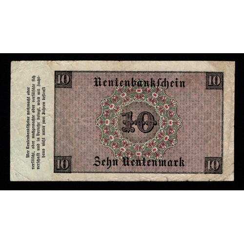 651 - Germany 10 Rentenmark dated 1st November 1923, serial F.06045716 (Pick164a) edge nicks, Fine