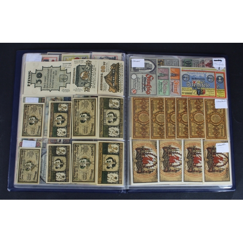 659 - Germany Notgeld (230) in album, a mixed collection of town/city sets and individual notes, in mixed ... 