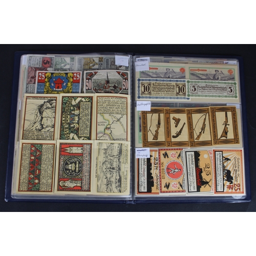 659 - Germany Notgeld (230) in album, a mixed collection of town/city sets and individual notes, in mixed ... 