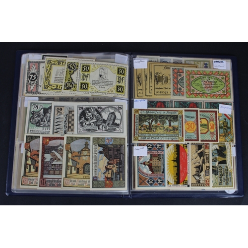 659 - Germany Notgeld (230) in album, a mixed collection of town/city sets and individual notes, in mixed ... 