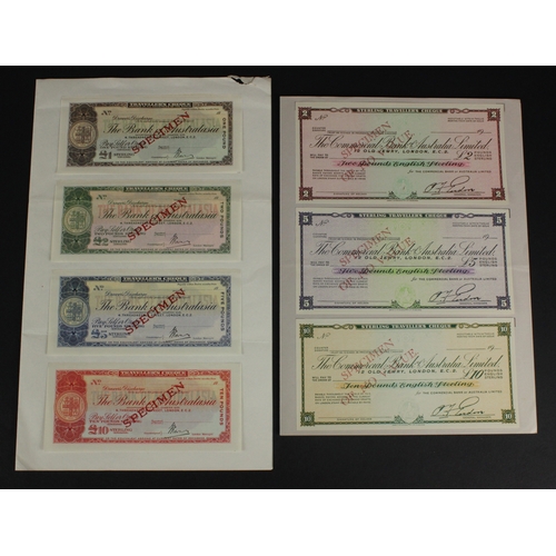 7 - Australia Travellers Cheques (7), Bank of Australasia, a rare group of SPECIMEN travellers cheques, ... 
