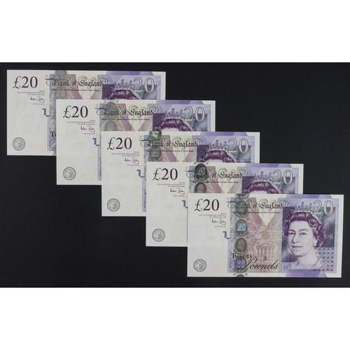 86 - Bailey 20 Pounds (5) issued 2007, a consecutively numbered run, serial AB58 209575 - AB58 209579 (B4... 