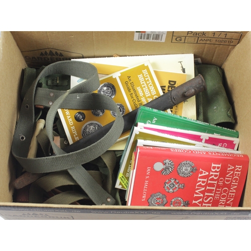 1052 - Box Militaria to incl reference books, Slings, Holsters, SMLE scabbard, Bren Barrel Bag and Pouches ... 
