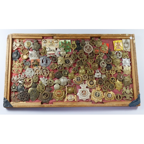 1071 - Cap badges, helmet plates, many helmet plate centres, glengarrys, etc housed in a display case (case... 