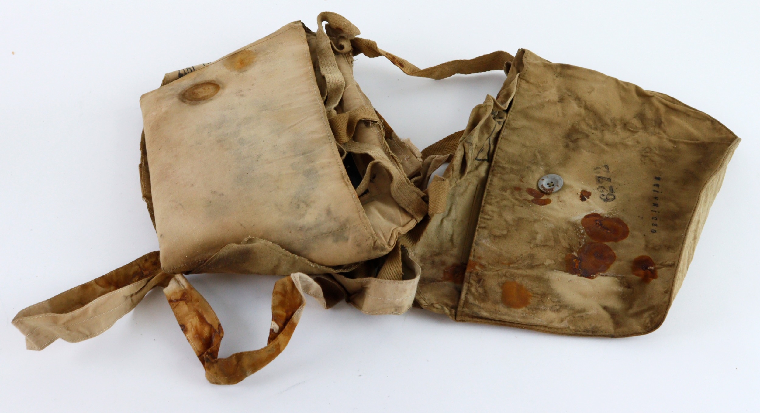 French WW1 Gas mask in pouch, various stamps to pouch, stained & rust ...