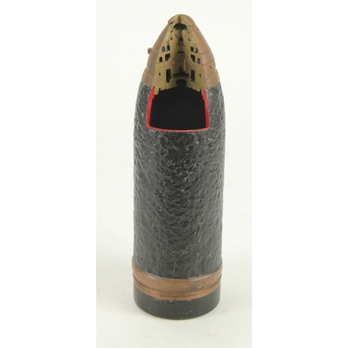 WW1 18pd section shrapnel shell head with cutaway fuse. Inert