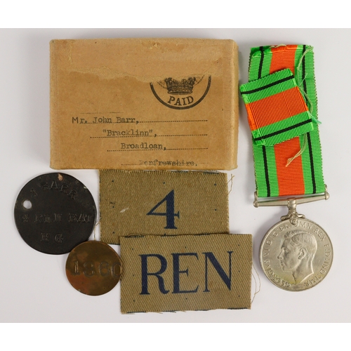 1444 - Home Guard lot for Mr John Barr of Broadloan, Renfrewshire. Defence Medal, named box, medal form, ID... 