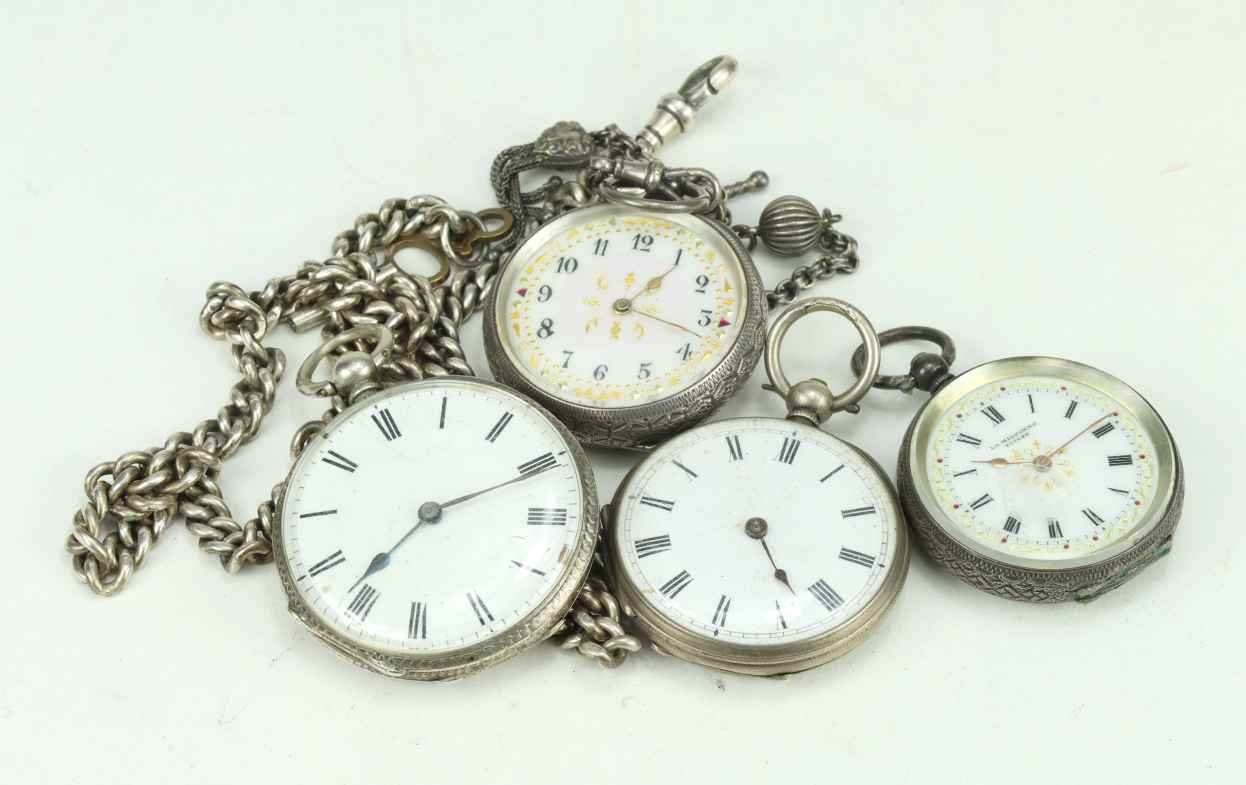 Four silver pocket watches, Albert chain with swivel and key that fits ...