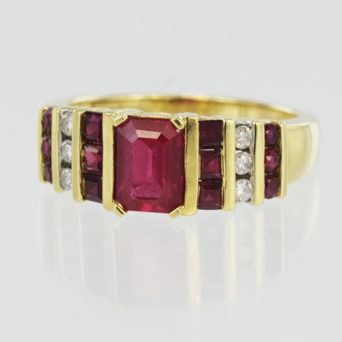 18ct yellow gold ruby and diamond ring, centre step cut ruby 7mm x 5mm ...