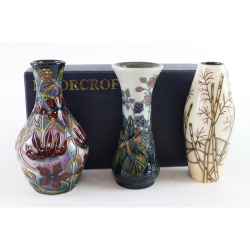113 - Moorcroft. Three small Moorcroft vases, various patterns, including Delonix, each with makers marks ... 
