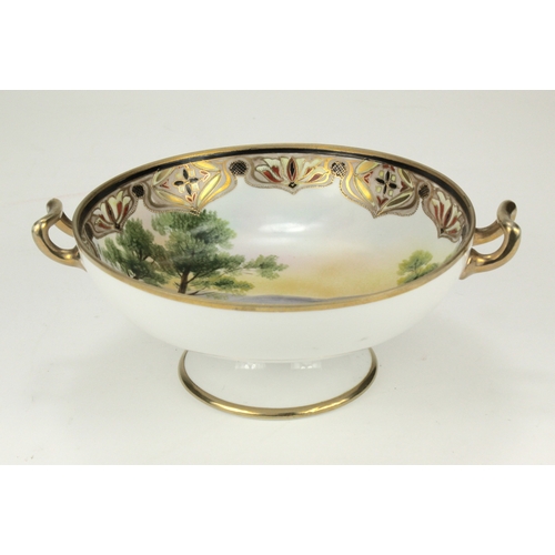 115 - Noritake twin handled hand painted pedestal bowl, depicting a river scene with cottage and swans, ma... 