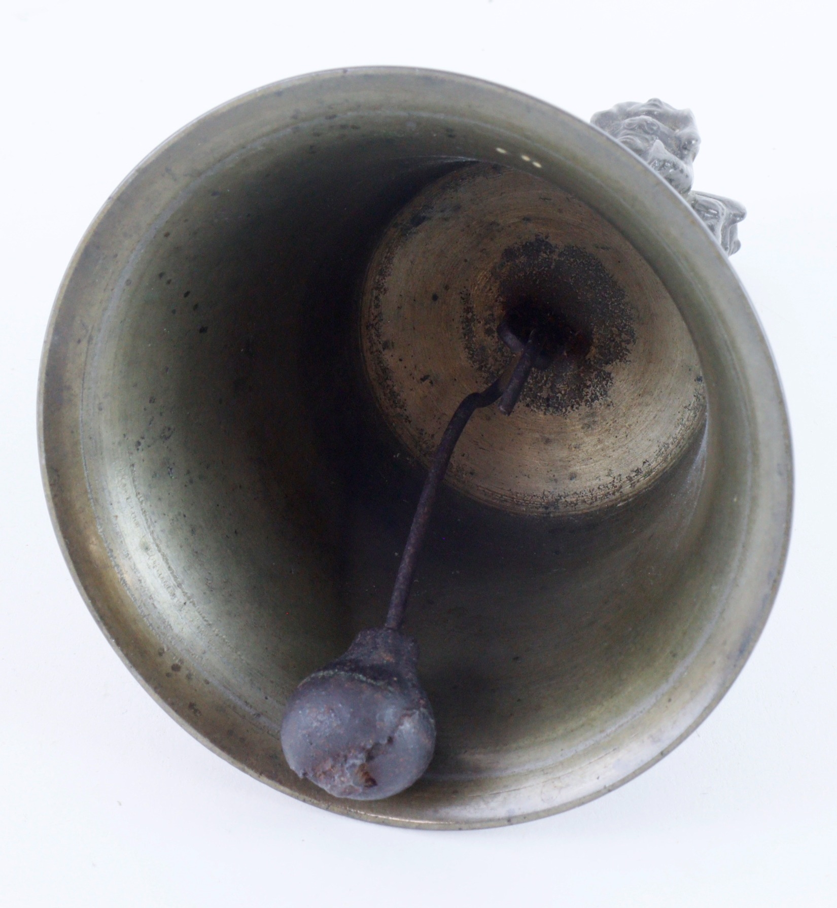 Elizabethan interest. Bronze hand bell with handle that depicts ...