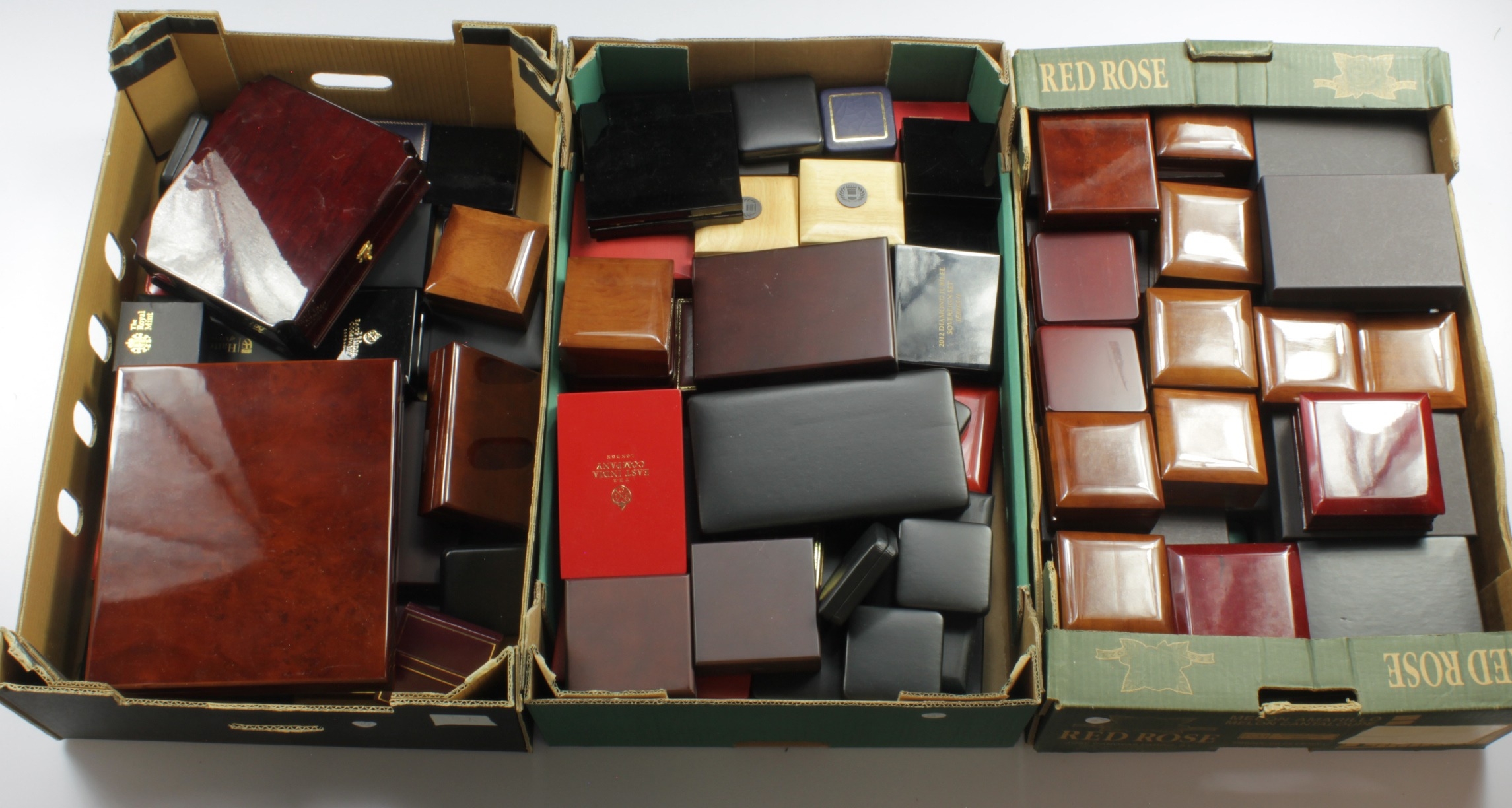 Very large Assortment of empty coin / coin set boxes. In three large ...