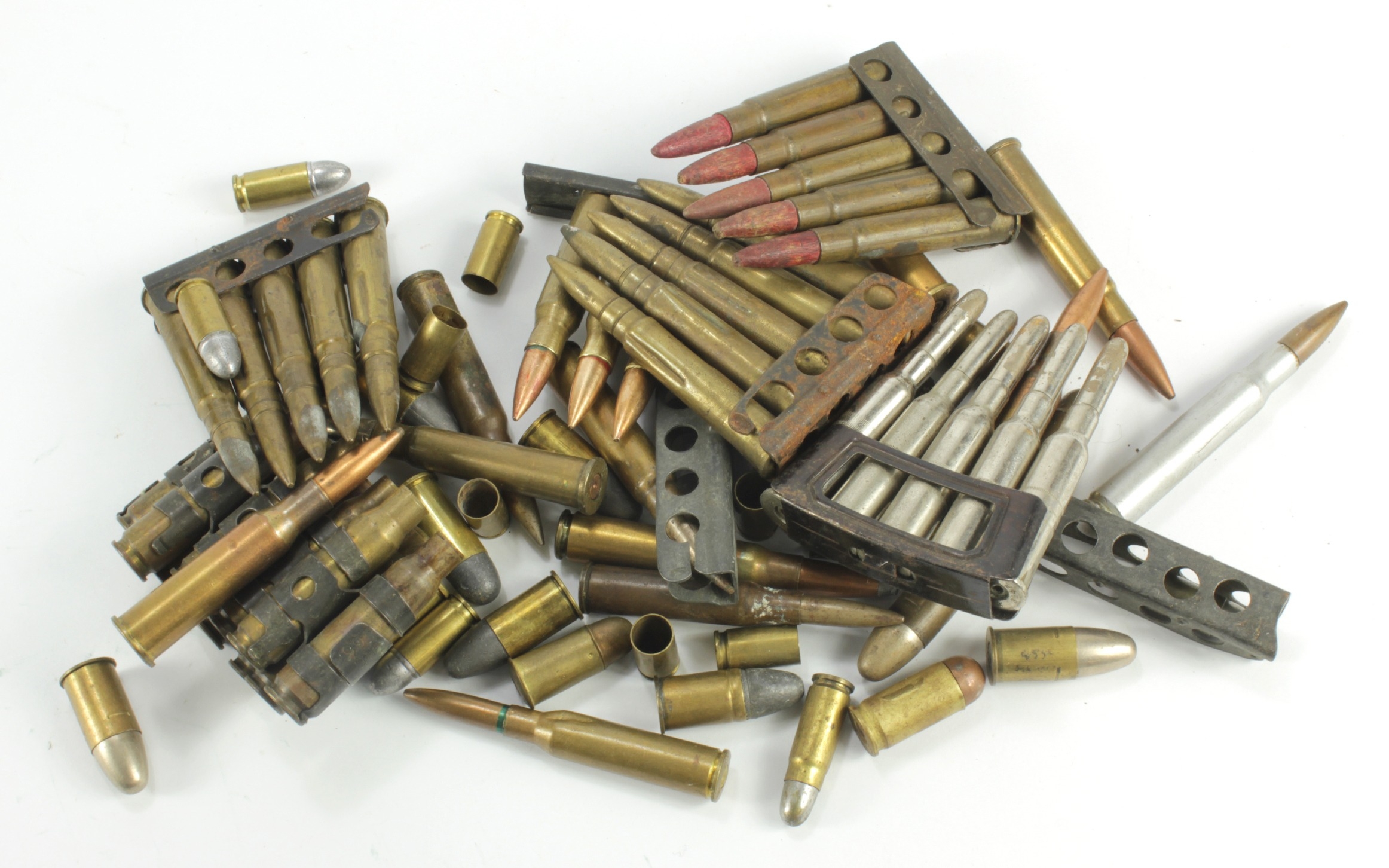 Bag of inert small arms ammunition, some in clips of five. Includes ...