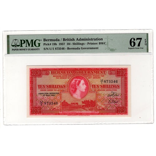 430 - Bermuda 10 Shillings dated 1st May 1957, portrait Queen Elizabeth II at centre, serial U/1 873546 (B... 