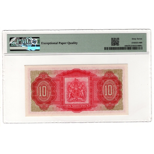 430 - Bermuda 10 Shillings dated 1st May 1957, portrait Queen Elizabeth II at centre, serial U/1 873546 (B... 