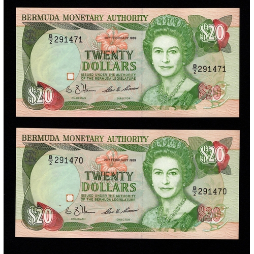 433 - Bermuda 20 Dollars (2) dated 20th February 1989, a consecutively numbered pair, serial B/2 291470 & ... 