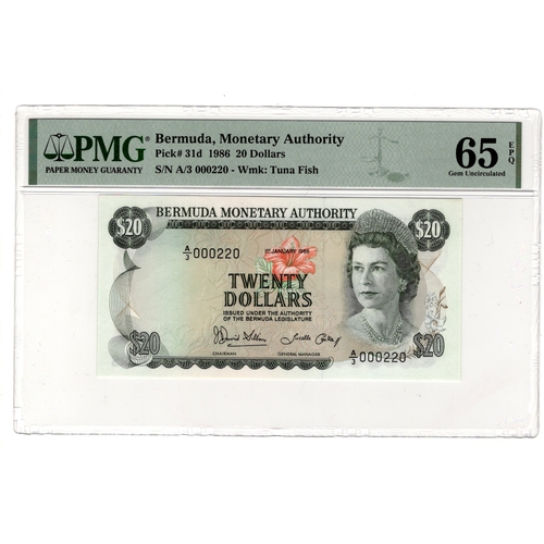 434 - Bermuda 20 Dollars dated 1st January 1986, nice LOW serial number, A/1 000220 (BNB B204e, Pick31c) i... 
