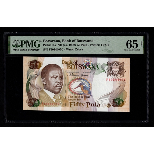 445 - Botswana 50 Pula issued 1992, serial F6034407C (BNB B114a, Pick14a) in PMG holder graded 65 EPQ Gem ... 