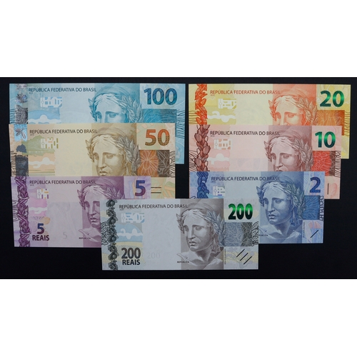 446 - Brazil (7), 200 Reais dated 2020, 100 Reais, 50 Reais, 20 Reais, 10 Reais, 5 Reais, 2 Reais dated 20... 
