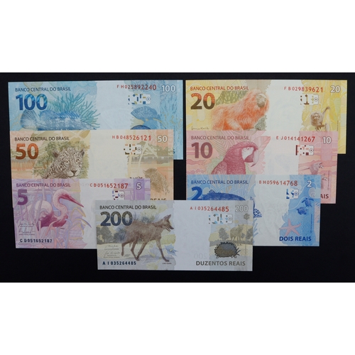 446 - Brazil (7), 200 Reais dated 2020, 100 Reais, 50 Reais, 20 Reais, 10 Reais, 5 Reais, 2 Reais dated 20... 