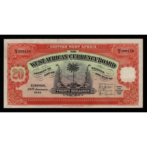 455 - British West Africa 20 Shillings dated 26th January 1951, serial AQ/4 399159 (BNB B108v, Pick8b) VF+