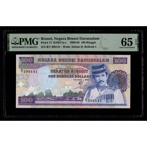 459 - Brunei 100 Ringgit dated 1989, serial B/1 299141 (BNB B117a, Pick17) in PMG holder graded 65 EPQ Gem... 