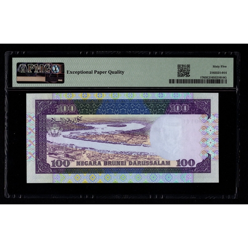 459 - Brunei 100 Ringgit dated 1989, serial B/1 299141 (BNB B117a, Pick17) in PMG holder graded 65 EPQ Gem... 