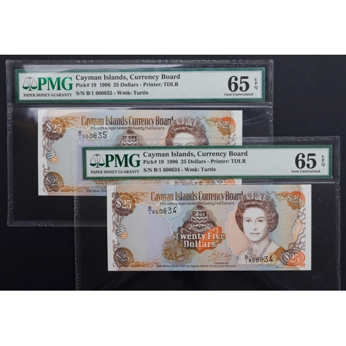 481 - Cayman Islands 25 Dollars (2) dated 1996, a consecutively numbered pair serial B/1 600634 & B/1 6006... 
