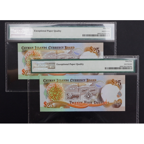 481 - Cayman Islands 25 Dollars (2) dated 1996, a consecutively numbered pair serial B/1 600634 & B/1 6006... 