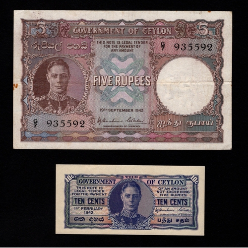 486 - Ceylon (2), 5 Rupees dated 19th September 1942, King George VI portrait, serial G/7 935592 (BNB B228... 