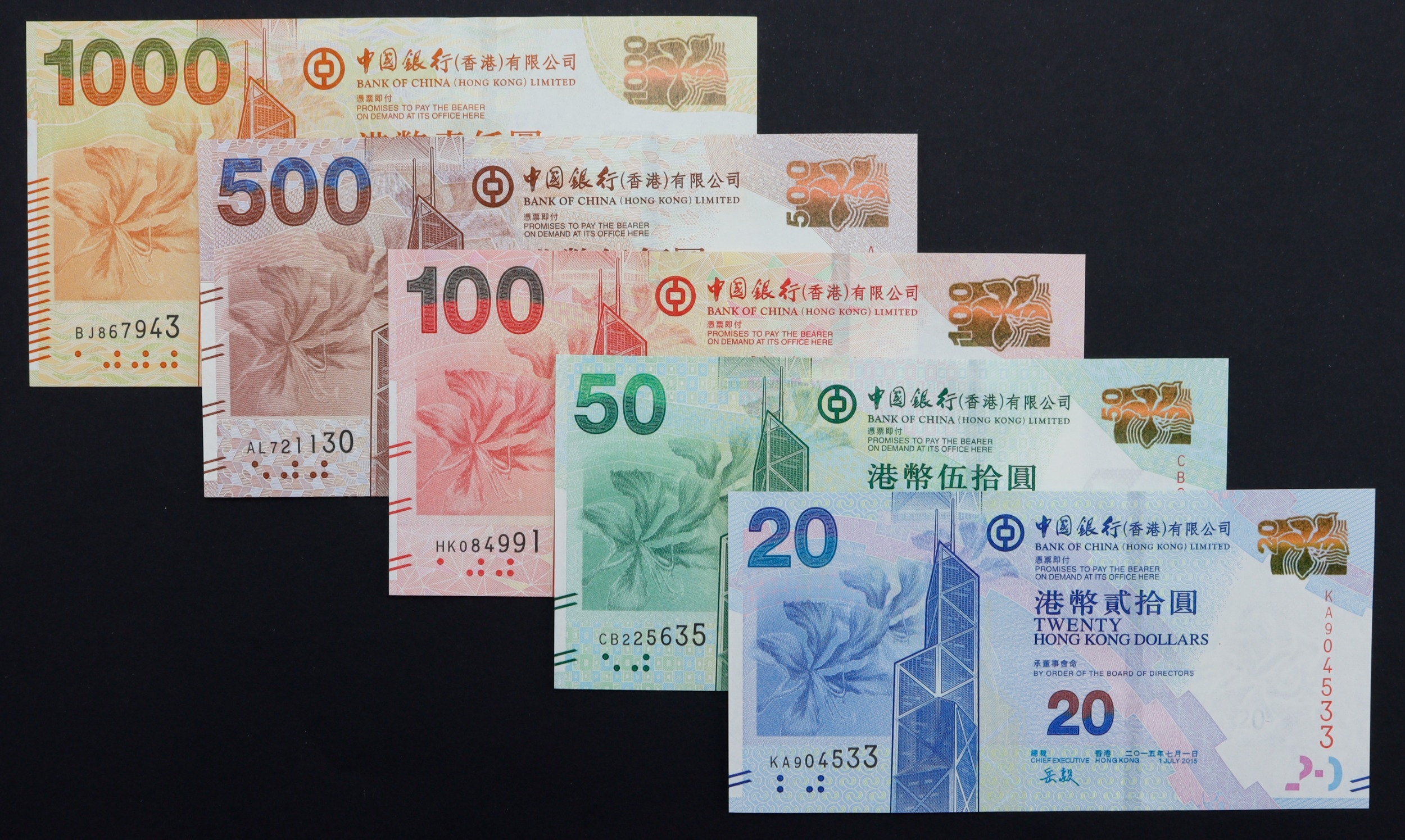 Hong Kong, Bank of China (5), 1000 Dollars, 500 Dollars, 100 Dollars ...